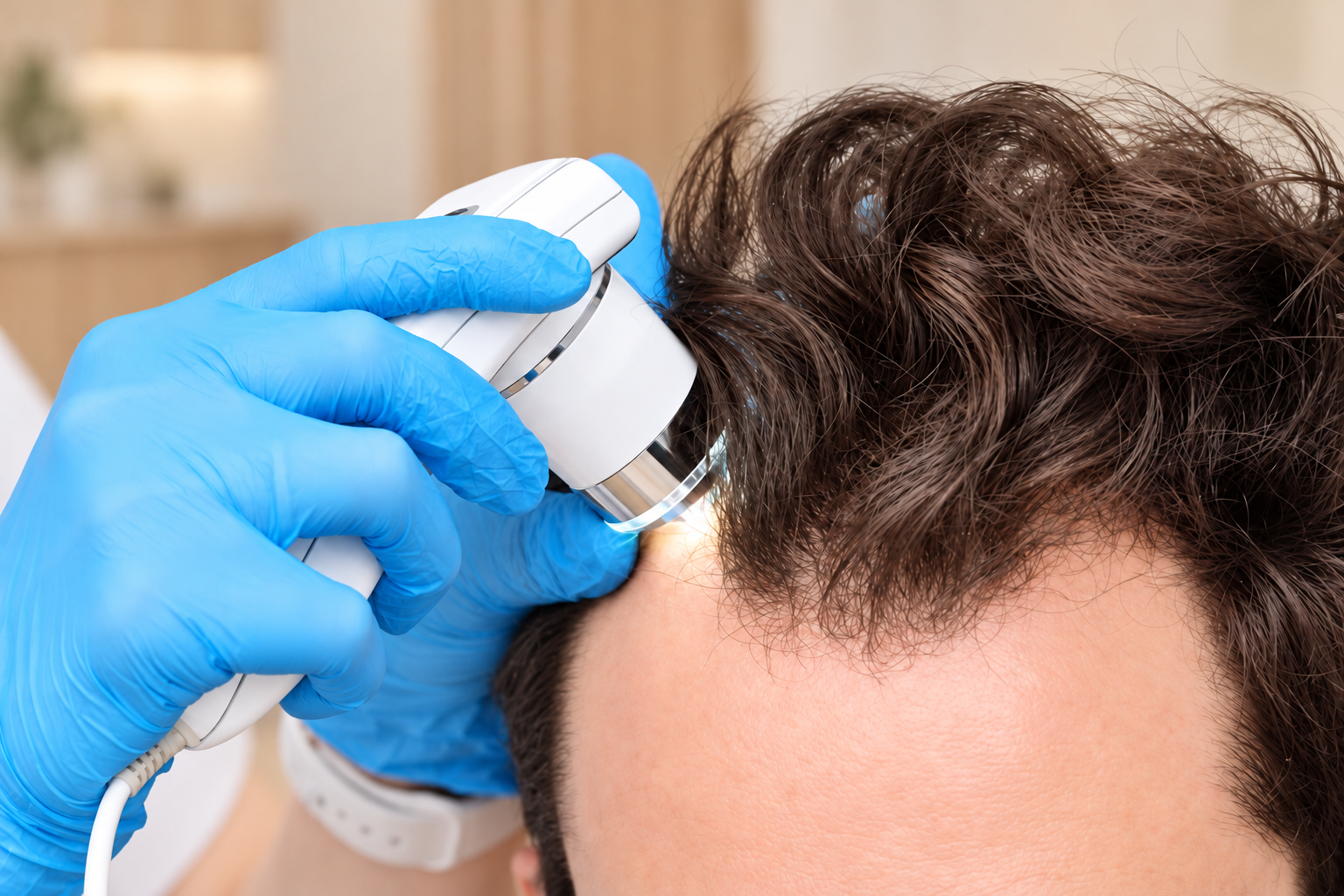 A gloved hand using a lighted scalp scope on a client’s hairline