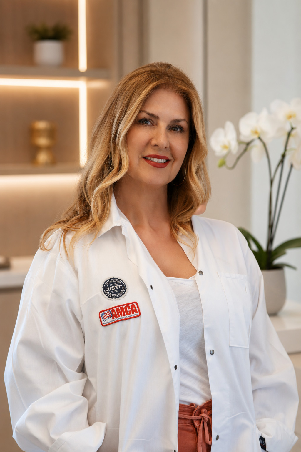 Kat Kern, certified clinical trichologist, wearing her USTI and AMCA patches