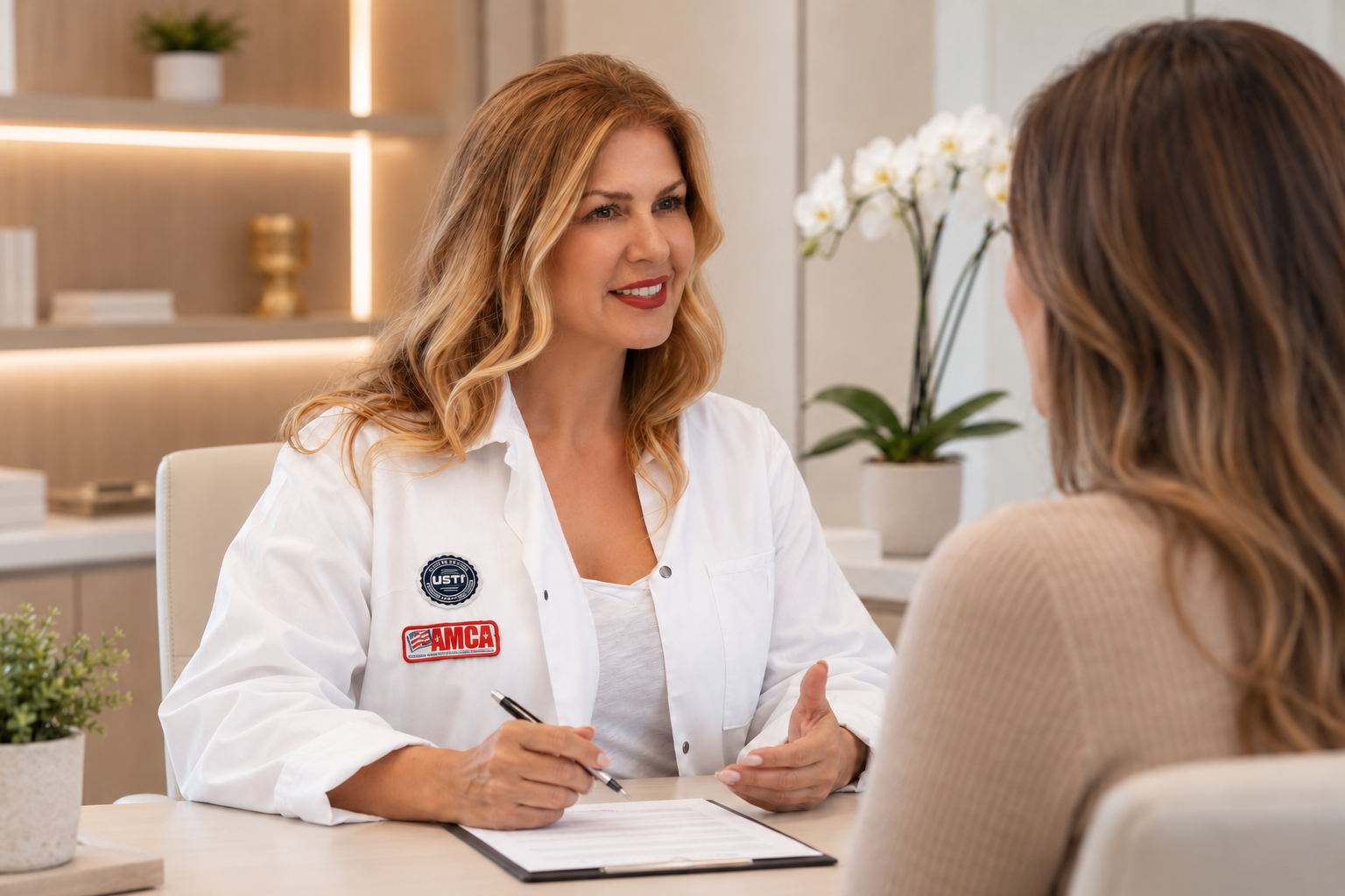 Kat Kern in a white coat talking with a client across a desk in her studio