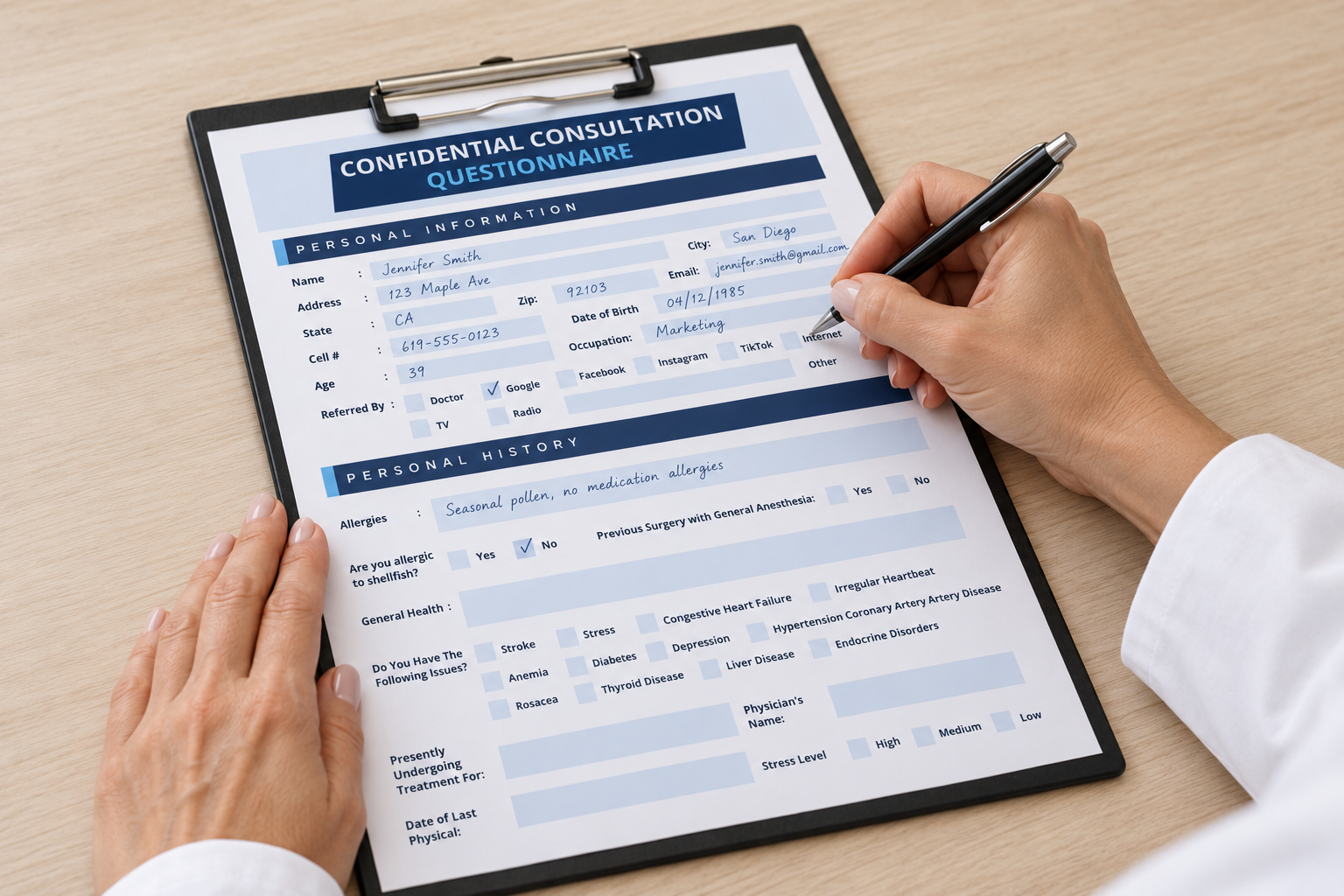 A client filling out a confidential consultation questionnaire on a clipboard