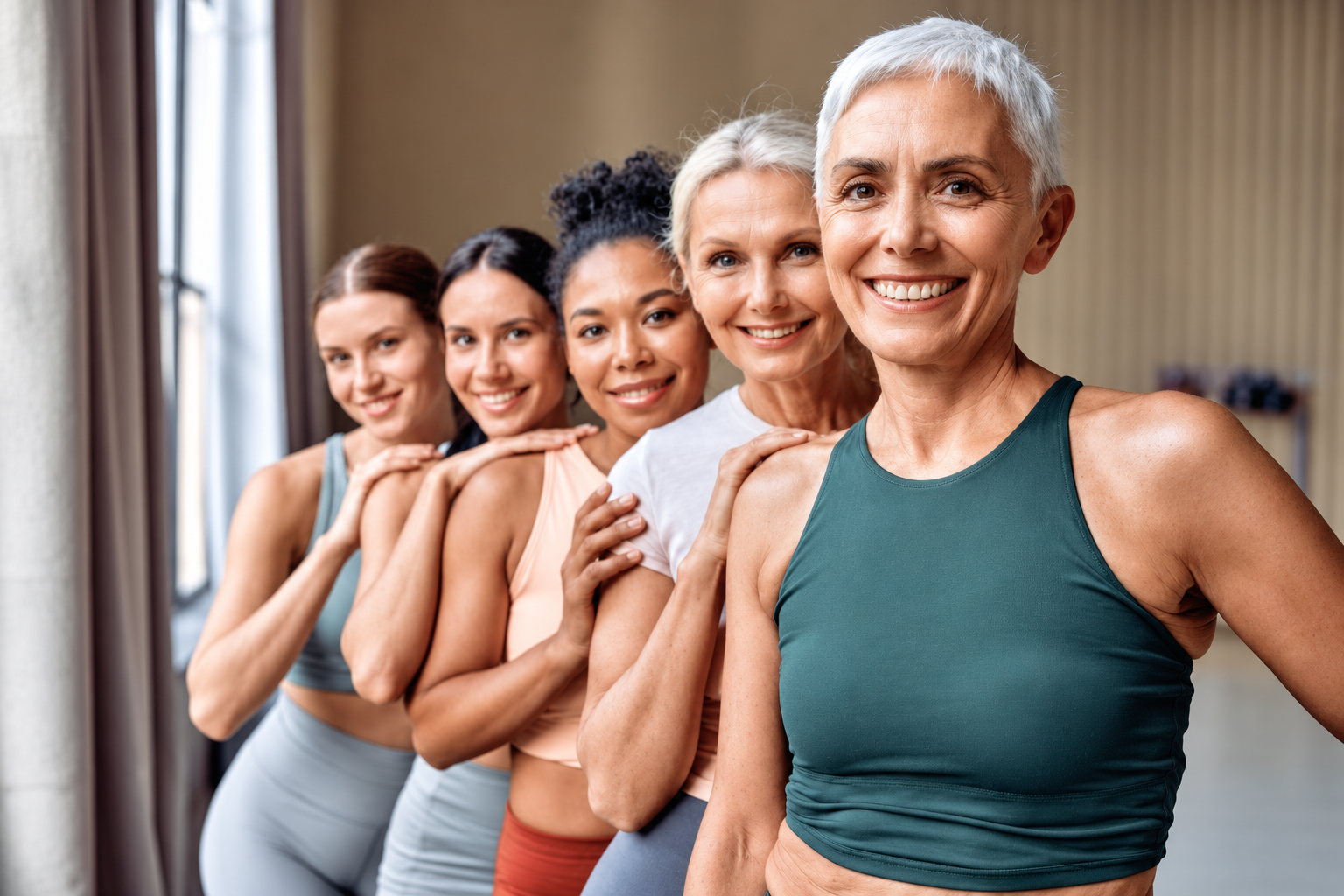 A group of smiling women of different ages standing together, hands on each other's shoulders